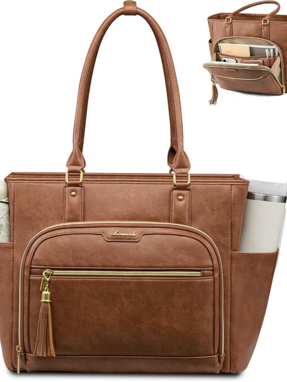 Laptop Tote Bag for Women Work, Vintage Leather Teacher Nurse Bag with Large Cup
